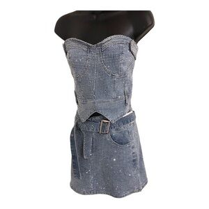 Denim Strapless Top with Rhinestones